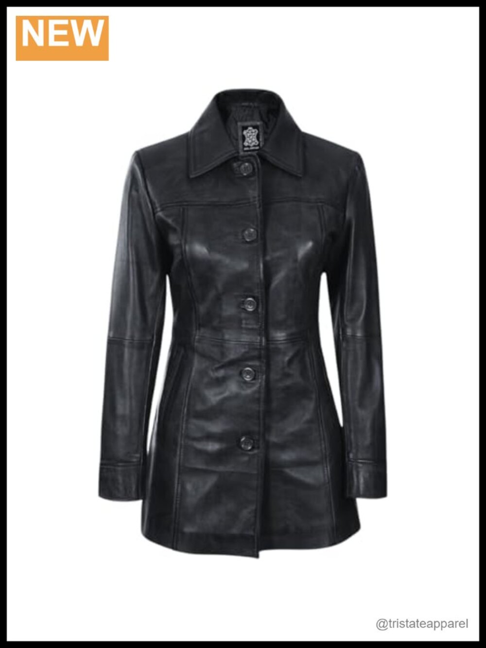 Genuine Lambskin Leather 3/4 Length Trench Coat Women's Button Front Long Sleeve